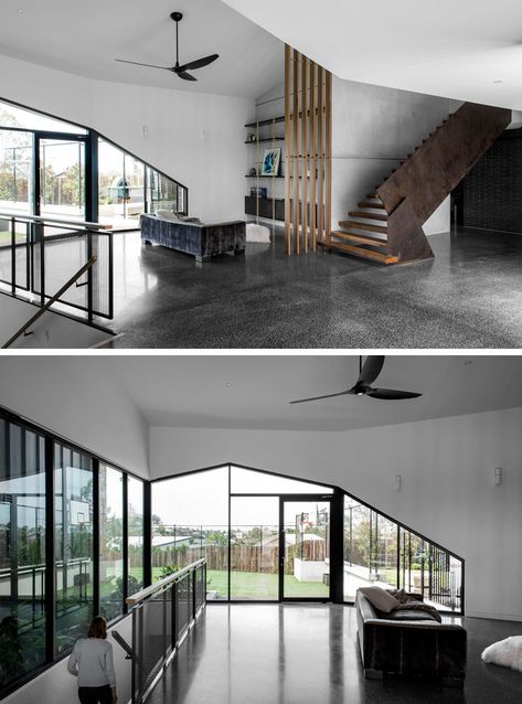 A Renovated Church And A New House Extension Make Up This Family Home In Australia Open Entryway, Exterior Materials, Louvre Windows, Apartment Entryway, Black Window Frames, Contemporary Entryway, Church House, Interior Finishes, Wood Staircase