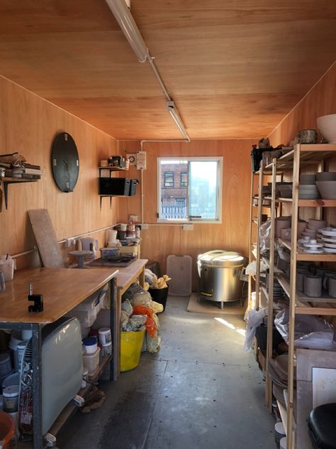 Kiln Pottery, Shipping Container Pottery Studio, Shed Pottery Studio, Mini Pottery Studio, Shipping Container Art Studio, Tiny Pottery Studio, Pottery Studio Shed, Kiln Room, Garage Pottery Studio