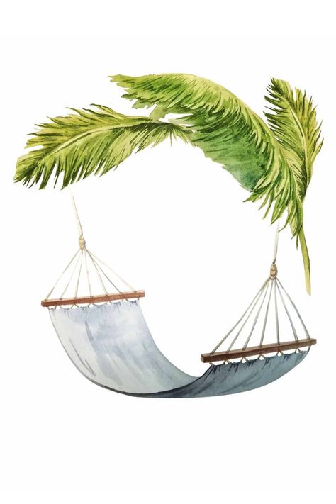 Watercolor pattern of palm leaves, hammock in blue, brown, green tones. Palm Leaves Illustration, Watercolor Hammock, Hammock Drawing, Hammock Illustration, Summer Illustration Design, Kurta Inspiration, Coastal Illustration, Beach Hammock, Beach Furniture