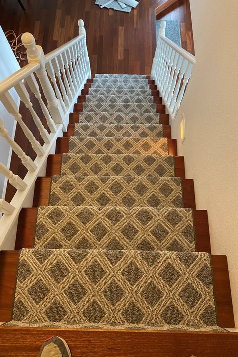 Patterned diamond stair runner, scout by Anderson Tuftex installed on hardwood steps Carpet Stair Runner, Tuftex Carpet, Patterned Stair Carpet, Tufted Carpet, Carpet Installation, Stair Runners, Stair Runner Carpet, Carpet Stairs, Comfort Design