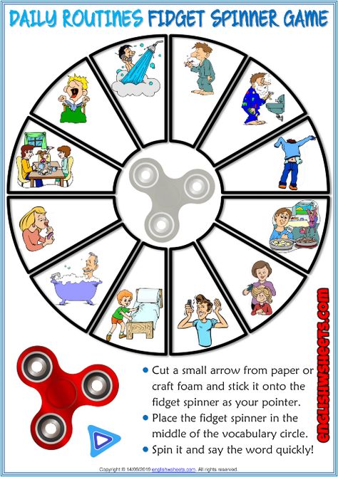 Daily Routines ESL Printable Fidget Spinner Game For Kids Vocabulary Games For Kids, Verbs Esl, English Games For Kids, Verb Games, Verbs Activities, Spinner Games, Spy Bag, Free Time Activities, Esl Games