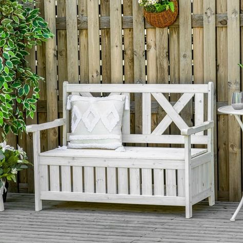 29 Gallon Garden Storage Bench with Waterproof Frame, Large Entryway Deck Box w/ Unique X-Shape Back, Louvered Side Panels - On Sale - Bed Bath & Beyond - 33518619 Wooden Bench With Storage, Garden Storage Bench, Large Entryway, Wooden Storage Bench, Outdoor Storage Bench, Storage Benches, Deck Box, Wooden Bench, Garden Storage