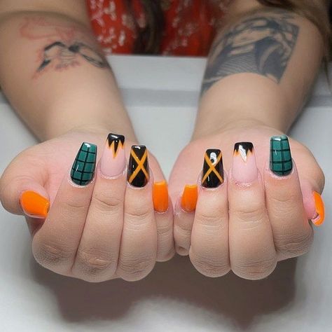 Bakugou Inspired Nails, Mha Nails Bakugo, Anime Design Nails, Mha Nail Ideas, Anime Nails Inspiration, Anime Nail Inspiration, Nails Gelx Ideas, Bakugo Nails Design, Anime Theme Nails