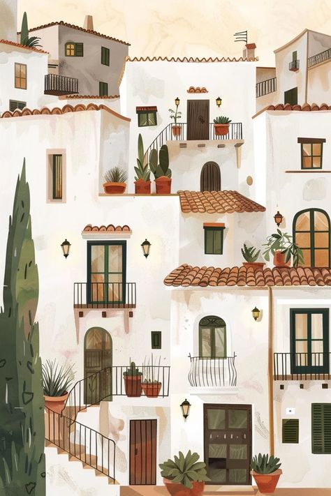 Image Town Watercolor Paintings, Balcony Illustration, Property Illustration, Cozy Watercolor, Cozy Lights, Cozy Summer, Italian Town, Flower Drawing Tutorials, Art Deco Print