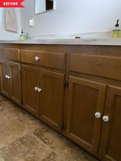 Green Bathroom Wood Vanity, Dark Green And Brown Bathroom, Before And After Bathroom Vanity, Stardew Bathroom, Earthy Green Bathroom Vanity, Brown And Green Bathroom, Brown And White Bathroom Ideas, Green Bathroom Wall And Brown Rustic Cabinet, Bathroom Remodel Brown Tones