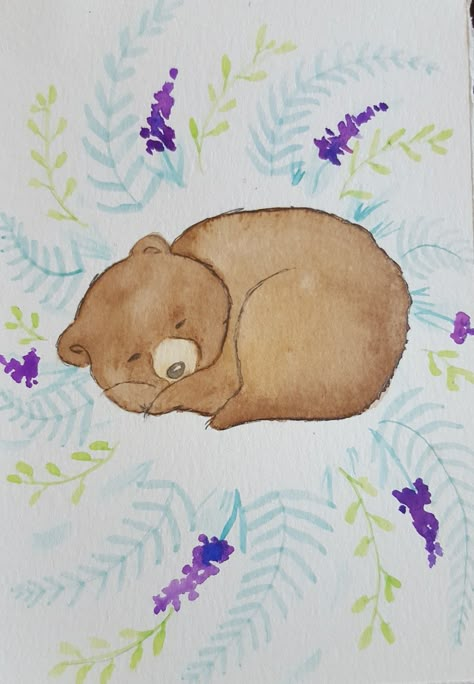 Watercolor baby bear. Sleeping bears are the cutest! Floral wreath. Sleepy Bear Drawing, Bear Laying Down Drawing, Bear Sleeping Illustration, Sleeping Animal Drawing, Bear Sleeping Drawing, Sleeping Bear Tattoo, Watercolor Bear Easy, Sleeping Bear Drawing, Bear Paintings Easy