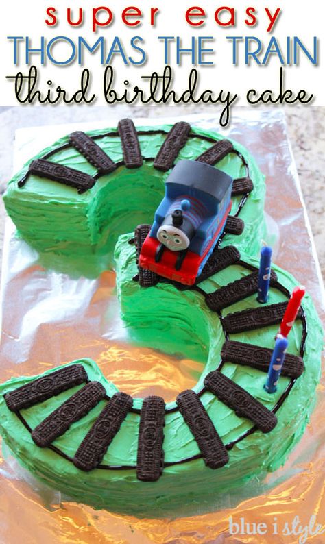 SUPER EASY Thomas the Train birthday cake with train tracks in the shape of the number 3 for a third birthday! Cake With Train, Thomas The Train Birthday Cake, Easy Kids Birthday Cakes, Thomas Birthday Cakes, Train Theme Birthday Party, Thomas The Train Birthday, Thomas Birthday Parties, Thomas Train Cake, Thomas Cakes