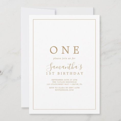 Minimalist Gold First Birthday Party Invitation Gold First Birthday Party, Simple Birthday Party, Rustic Baby Shower Invitations, Gold First Birthday, White Typography, Simple Birthday, Simple Baby Shower, Elegant Calligraphy, Rustic Baby Shower