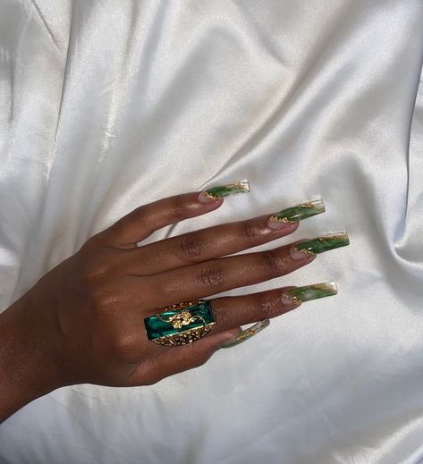 Jade Green And White Nails, Green And Gold Marble Nails, Sage Green Marble Nails, Emerald Green Marble Nails, Jade Acrylic Nails, Green Marble Nails Acrylic, Marble Green Nails, Green And Gold Acrylic Nails, Jade Nails Acrylic