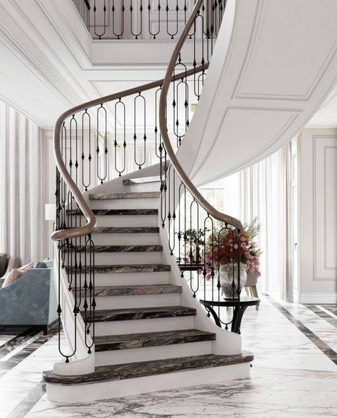 Luxury Staircase Design, Classic Stairs Design, Luxurious Staircase, سلالم حلزونية, Home Staircase, Classic Interior Design Luxury, درابزين السلم, Ruangan Studio, Staircase Design Ideas