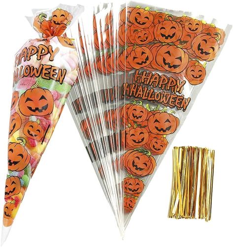 RFWIN 100Pcs Pumpkin Cone Bag Halloween Clear Cellophane Treat Bags, Party Favor Bags with Gold Twist Ties for Candy Cookies : Amazon.co.uk: Stationery & Office Supplies Halloween Party Gift Bags, Cellophane Gift Bags, Halloween Party Bags, Party Candy Bags, Halloween Party Treats, Halloween Gift Bags, Pumpkin Images, Halloween Pumpkin Designs, Sweet Cones