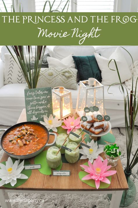 The Princess and the Frog Party -Dinner and Movie: all the party ideas, decor, recipes and printables for a themed family movie night or party. Princess And The Frog First Birthday, Princess And The Frog Dinner, Princess And The Frog Party, Frog Food, Disney Movie Night Food, Tiana Birthday Party, Disney Movie Night Dinner, Movie Night Dinner, Movie Night Theme