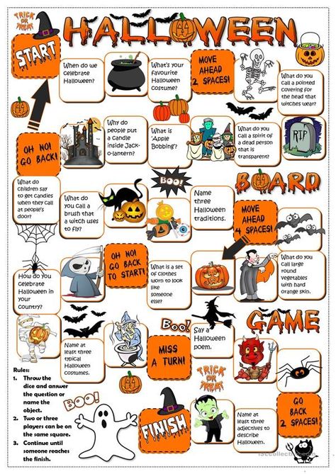 Halloween - board game - English ESL Worksheets for distance learning and physical classrooms Halloween Board Games, Halloween Board Game, English Games For Kids, Halloween Quiz, Halloween Vocabulary, Halloween Lesson, Halloween Board, Esl Games, Halloween Worksheets