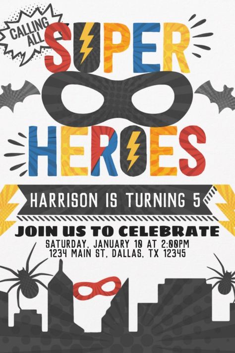 Superhero Birthday Party Themed Invitation
Celebrate your little ones special day with this Superhero invitation! 5th Birthday Ideas For Boys Themes, Bday Invitation Card, Toddler Birthday Themes, Superhero Party Invitations, Superhero Birthday Party Invitations, 5th Birthday Boys, Superman Birthday, Superhero Birthday Invitations, Superhero Invitations