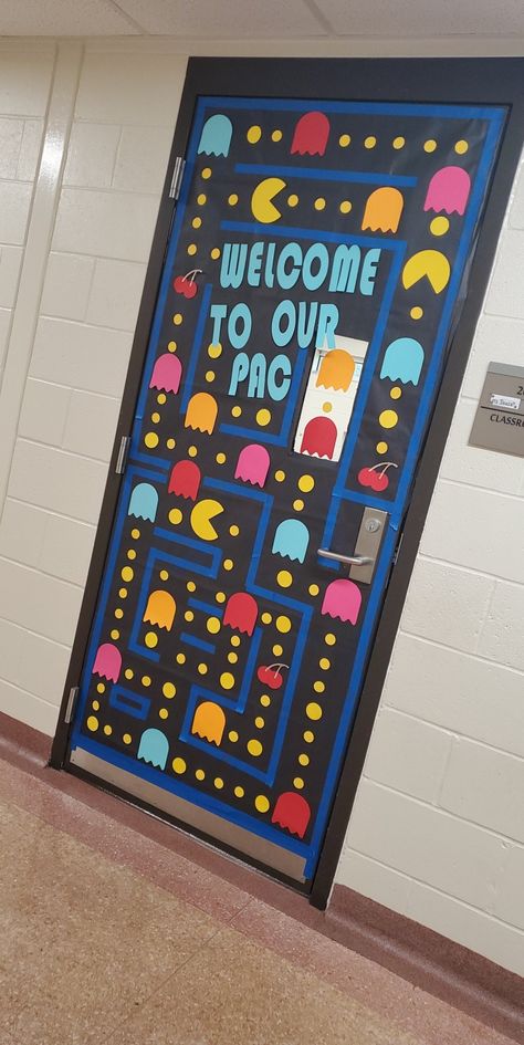 Video Game Theme Bulletin Board Ideas, High School Class Decor Classroom Ideas, Game Theme Classroom Doors, Level Up Door Decorations, Student Work Bulletin Board Ideas Middle School, Tiktok Classroom Theme, Game On Door Decorations, Video Game Hallway Theme, Pacman Bulletin Board Ideas