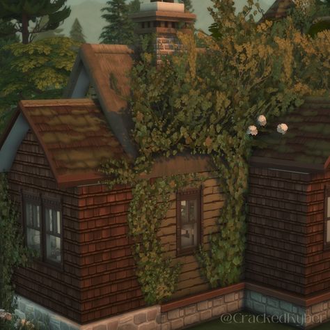 A wood cabin built in the sims 4. This is a close up of the back where the ivy meets the roof which is covered in various shrubs Sims 4 Cabin In The Woods, Sims 4 Cabin House, Ivy Look, Sims Houses, Cc Furniture, Wood Building, Save File, Sims 4 Cc Furniture, The Ivy