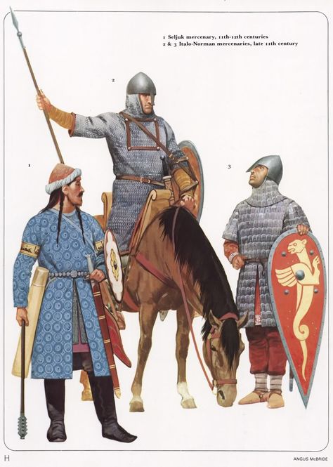 Maile armour; 11th AD; Seljuk Turk; Norman mercenary Byzantine Army, Norman Knight, Military Illustration, Century Armor, Warriors Illustration, Historical Warriors, High Middle Ages, Warriors Art, Medieval Ages