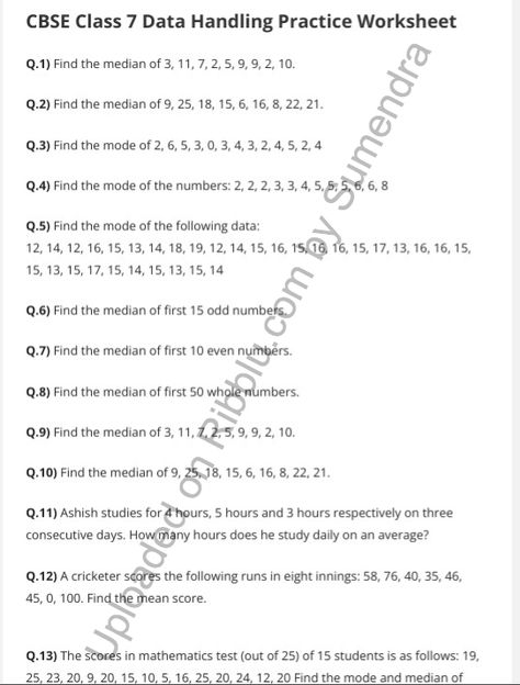 Data Handling Worksheets for Class 7 Maths – Chapter 3 Mental Maths Worksheets, Revision Notes, Sample Paper, Odd Numbers, Question Paper, Chapter 3, Mental Math, Math Class, Math Worksheet