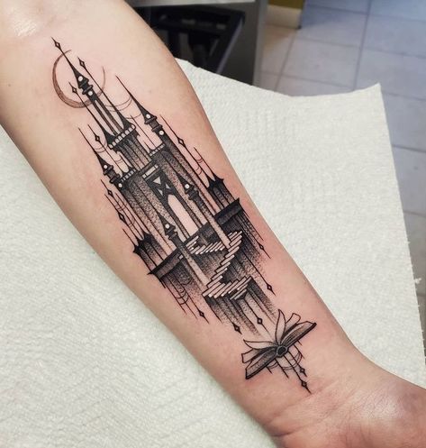 Castle Forearm Tattoo, Castlevania Castle Tattoo, Fantasy Castle Tattoo, Hyrule Castle Tattoo, Building Outline Tattoo, Castle Arm Tattoo, Draculas Castle Tattoo, Simple Castle Tattoo, Castlevania Tattoo Ideas