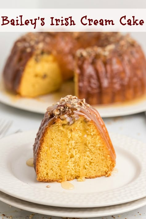 This easy to make Bailey's Irish Cream Cake is tender and uniquely flavorful. The Irish cream liqueur in the batter and the glaze is a double whammy of deliciousness. via @cmpollak1 Irish Cream Cake Baileys, Irish Creme Cake, Bailey’s Irish Cream Cake, Irish Cream Cake Recipe, Desserts Made With Bailey's Irish Cream, Baileys Irish Cream Bundt Cake, Baileys Irish Cream Cake Recipe, Irish Christmas Cake, Bailey Cake Recipe