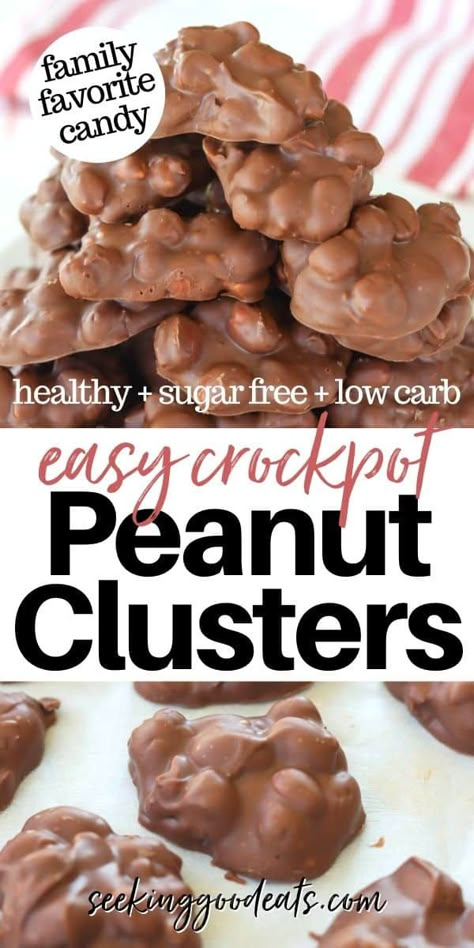 Crockpot Peanut Clusters with chocolate and butterscotch are a super easy candy that is also a healthy dessert. These delicious babies are a sugar-free, low carb, gluten-free, and keto dessert. The perfect guilt-free dessert recipe! The perfect Christmas candy for holiday cookie baking! #candy #christmascandy #christmascookies #candyrecipe #ketodessert #sugarfreedessert #healthydessert #peanutclusters #keto #dessertrecipe #sugarfreecandy #christmas #christmascookie Keto Crockpot Candy Recipes, Easy Low Carb Christmas Treats, Candy For Diabetics, Sugar Free Crockpot Candy, Sugar Free Christmas Candy Recipes, Keto Chocolate Peanut Clusters, Sugar Free Peanut Clusters, Christmas Desserts Sugar Free, Sugar Free Holiday Treats