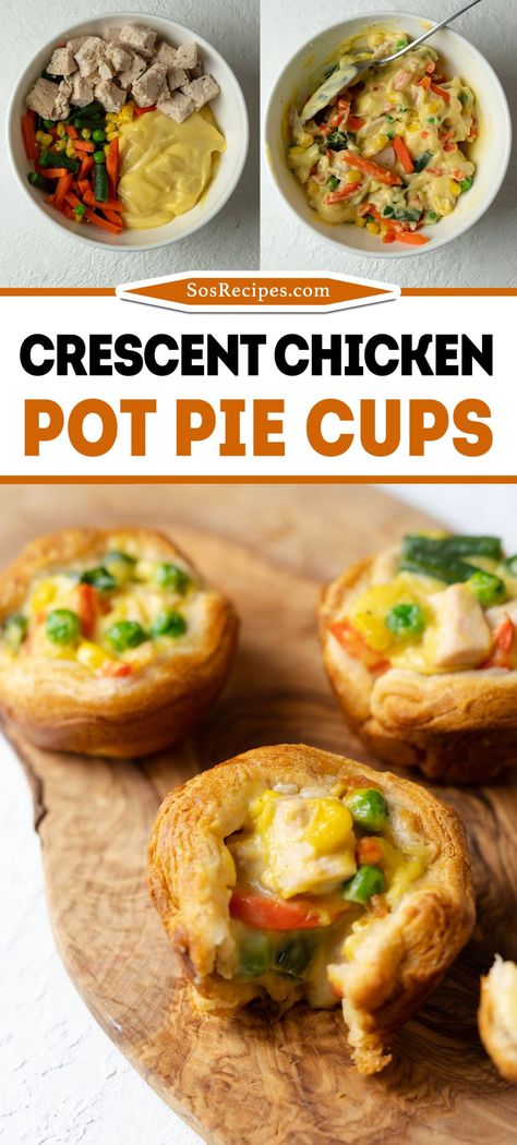 These mini chicken pot pies are incredibly simple to make with just 4 ingredients and can be ready in about 30 minutes. Pair them with a side salad for a quick and easy weeknight dinner! Crescent Chicken Pot Pie, Chicken Pot Pie Cups, Pot Pie Cups, Crescent Chicken, Pie Cups, Mini Pot Pies, Chicken Pot Pies, Mini Chicken Pot Pies, Chicken Minis