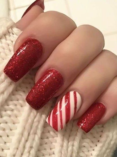 50 Easy Nail Designs You Can Do at Home (2022) - The Trend Spotter Christmas Nails Short Square, Christmas Nails Short, Nails Short Square, Candy Cane Nails, December Nails, Red Nail Art, Stiletto Nail Art, November Nails, Holiday Nail Designs