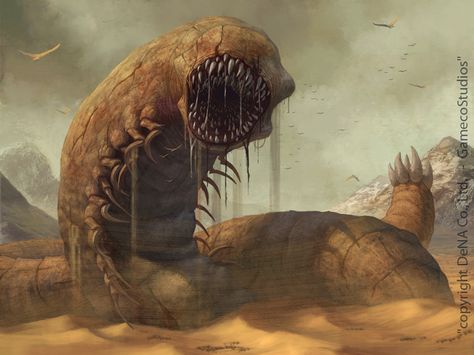 Sandworm "Lord of the Dragons" Copyright KLab Global Pte. Ltd. ArtByGameco.com lozart.blogspot.fr/ Sand Creature, Creature Fantasy, Dark Sun, Mtg Art, Tolkien Art, Spider Art, Cool Monsters, Giant Monsters, Fantasy Beasts