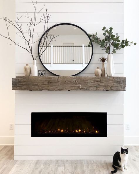 Round Mirror Over Mantle, Mantle Piece Ideas, Mantle Decorating Ideas With Mirror, Fire Mantle, A House We Built, Mirror Over Fireplace, Farmhouse Fireplace Mantels, Mantle Decorations, Mantel Piece