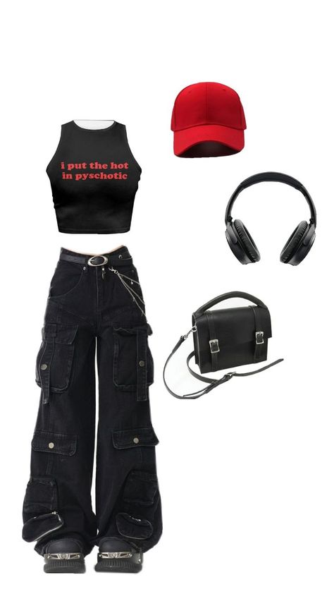 black cargos, Goth outfit, Goth aesthetic, Black crop top, Black and red crop top, back to school outfit, college fits,  red cap outfit, red cap, Black cargos with Black crop top, crocs outfit, Black crocs, Black shoes, headphones,Black bag Mumbai Shopping, College Outfits Aesthetic, Demi Girl, Outfits Gothic, Outfits For College, Teen Swag, Aesthetic Goth, Teen Swag Outfits, Aesthetic School