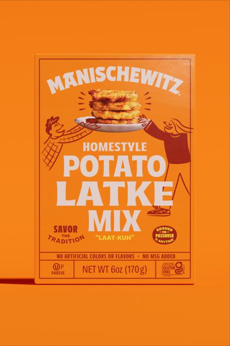 Kosher food brand Manischewitz has been around for over 130 years, slinging traditional Jewish food like matzo, macaroons, egg noodles, gefilte fish, and cake mixes, and they've remained a mainstay of the kosher aisle that sits alongside the likes of Streits and Yehuda.  But, according to them, that’s a big problem for the brand, and they wanted to appeal to a new generation of folks and break free of the kosher aisle. Baking Mix Packaging, Egg Advertising, Egg Branding, Premium Food Packaging, Gefilte Fish, Logo Design Graphics, Kosher Food, Peanut Butter And Banana, Jewish Food