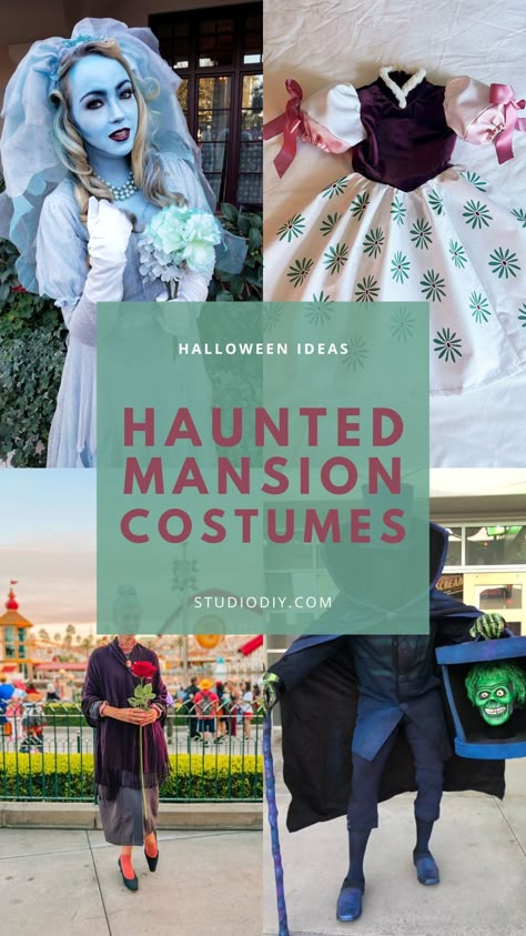 he Haunted Mansion is a beloved ride at Disneyland year round, but especially at Halloween. It is the perfect ride to pull inspiration from for your Halloween costume! These Haunted Mansion costume ideas, are fun to pull together, mostly from items from your closet or the thrift store, and will impress any true Disney fans you encounter! Haunted House Halloween Costumes, Haunted Mansion Costumes Diy, Haunted Mansion Couples Costume, Tower Of Terror Costume, Haunted Hotel Costumes, Haunted Mansion Running Costume, Haunted Mansion Bride Costume, Obscure Disney Costumes, Haunted Mansion Characters