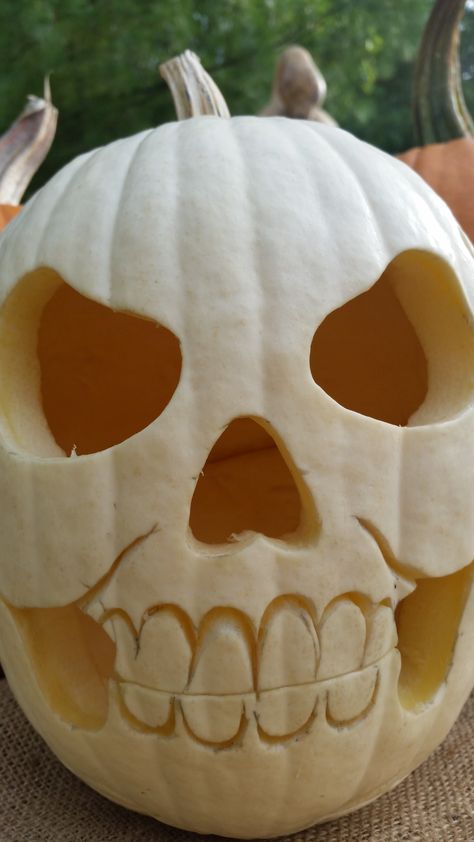 Carve White Pumpkins, Grey Pumpkin Carving Ideas, Skull Carved Pumpkin, White Pumpkin Carvings, White Pumpkin Design, White Pumpkin Carving Ideas Easy, Carved White Pumpkin, Pumpkin Carving Ideas For White Pumpkins, White Pumkin Carving