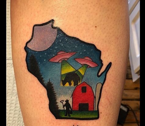 Brent Townsend on Instagram: “Watch your meat!👽🐄 #wisconsin  #wisconsintattoo  #wisconsintattooartist” Wisconsin Inspired Tattoo, Wisconsin Tattoo, State Of Wisconsin Tattoo, Wood Violet Tattoo Wisconsin, Wisconsin Artwork, Wisconsin Art Print, Bottle Tattoo, Maple Leaf Tattoo, Wisconsin