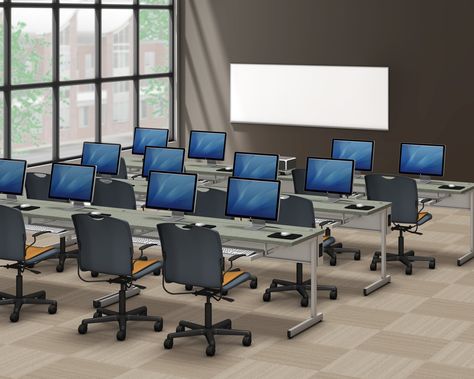 Education today requires technology, so the New Medley Series of computer tables features three wire-management solutions for students and teachers---the CCFL, CCFL-W and CCFL-FT computer tables. Container School, Computer Classroom, Computer Tables, Auditorium Design, Computer Teacher, Classroom Interior, Training Room, Conference Meeting, Classroom Tables