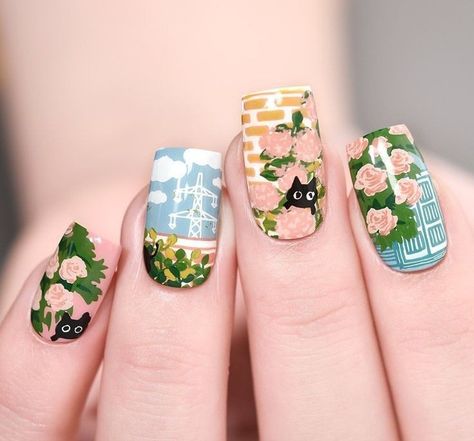 Landscape Nail Art, Nature Nail Art, Tree Nail Art, Art Deco Nails, Pattern Cat, Soft Nails, Kawaii Nails, Simple Nail Designs, Gel Nail Designs