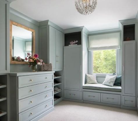 Custom light blue grey closet with window seat and dresser - Marea Clark Interiors (Photo: Dyer Photo). Decorating With Blue, Transitional Closet, Built In Window Seat, Make A Closet, Window Seat Design, Dresser In Closet, Custom Closet Design, Built In Dresser, Dresser Design