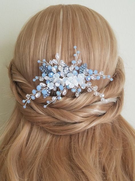 Wedding Pastel Blue, Pastel Blue Wedding, Floral Hair Piece Wedding, Light Blue Decor, Silver Headpiece, Wedding Pastel, Floral Hair Piece, Wedding Tiara Hairstyles, Hair Piece Wedding