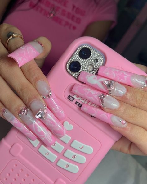 Different Types Of Nails, Cute Acrylic Nail Designs, Y2k Nails, School Nails, Really Cute Nails, Pink Y2k, Long Square Acrylic Nails, Kawaii Nails, Nail Length