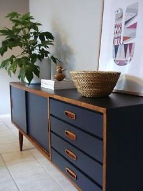 'upcycled' teak sideboard -- love the paint job with wood and paint Buffet Cabinets, Futurist Architecture, Teak Sideboard, Retro Furniture, Refurbished Furniture, Natural Home Decor, Retro Home Decor, Furniture Restoration, Bedside Tables