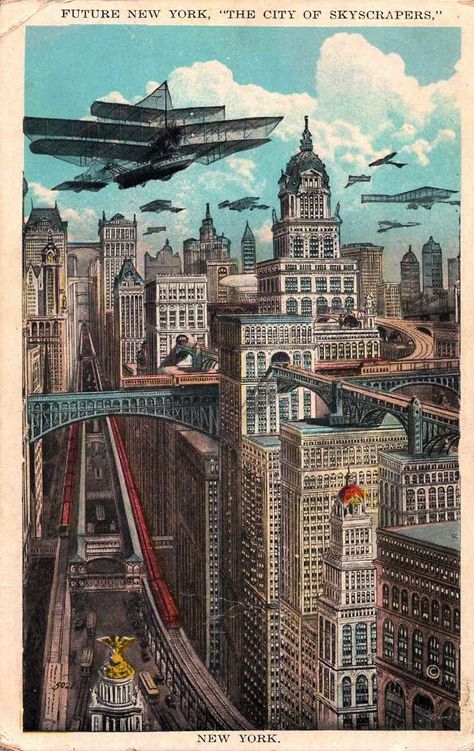 "New York, city of skyscrapers (1925)" by umpfke in RetroFuturism Future New York, Monumental Architecture, Futurisme Retro, Arte Nerd, World Of Tomorrow, 다크 판타지, Futuristic City, Future City, Science Fiction Art