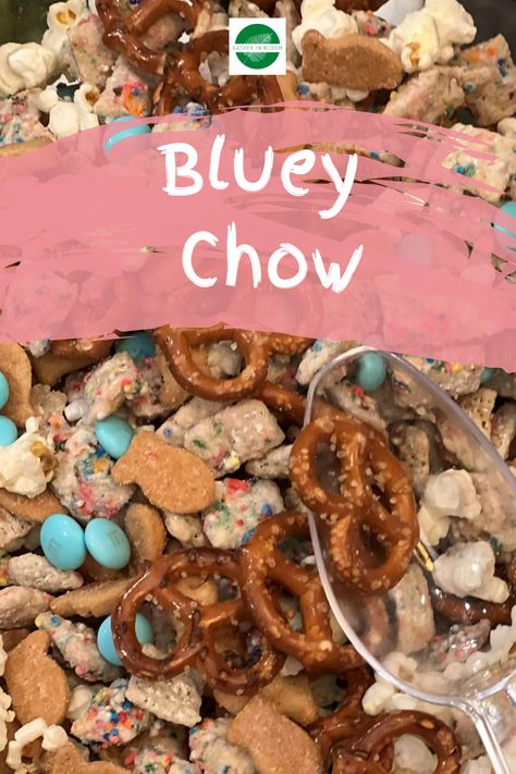 Bluey Puppy Chow Recipe, Bluey Inspired Meals, Bluey Birthday Party Goody Bags, Bluey Themed Treats, Bluey Themed 3rd Birthday Party, Bluey Dessert Table Setup, Bluey Snack Ideas, Bluey Snacks For Party, Bluey Recipes