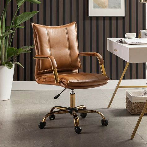 Chic Home Office Chair, Faux Leather, Adjustable Swivel, Gold Legs, Upholstered Task Chair, Camel - Walmart.com Office Desk Chair, Beautiful Chair, Computer Chair, Home Office Chairs, Office Room, Task Chair, Chic Home, Art Of Living, Home Office Desks