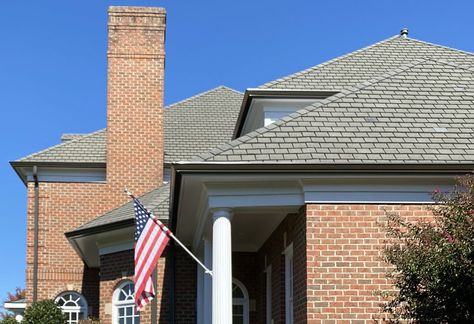 Dark Gutters and How It Can Transform Your House - Arched Manor Dark Gutters On Light House, Dark Gutters On Brick House, Brown Gutters On House, Black Gutters Red Brick House, Arched Manor, Orange Brick Houses, Gutter Colors, Red Brick Exteriors, Brick Colonial