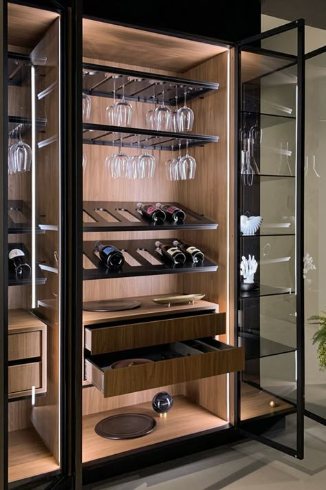 Wine Glass Cabinet Storage, Wine Display Home, Crystal Cabinet Display, Wine Cellar Cabinet, Dining Room Glass Cabinet Display, Glass Wine Display, Wine Glass Shelves, Elegant Kitchen Ideas, Glass Bar Cabinet