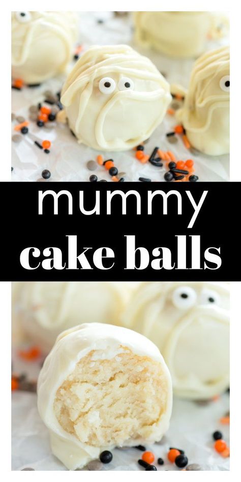 Mummy Cake Balls are an adorable Halloween dessert that is super easy to make and so fun for the kids to help! They are made with a box cake mix, cream cheese, almond bark, and candy eyes. Mummy Cake Balls, Mummy Cake Halloween, Halloween Cake Balls Ideas, Halloween Cake Balls Easy, Monster Cake Balls, Mummy Cake Pops, Cake Balls Halloween, Easy Cake Balls Recipe, Cake Balls Recipe Easy