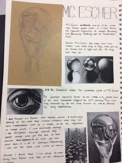 Mc Escher Artist Research Page, Mc Escher Gcse Art Sketchbook, Dawn Eaton Artist Research, Art Gcse Page, Artist Research Page Gcse, Mc Escher Art, Process Journal, Artist Research Page, Gcse Sketchbook