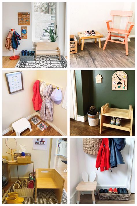 Montessori Entryway Ideas New Examples. Montesorri Self Care Station, Ikea Montessori Entryway, Montessori Coat And Shoes, Home Daycare Entryway Ideas, Montessori Coat Hooks, Living Room Montessori, Kids Coat Hooks Entryway, Montessori Entryway Ideas, Kids Entryway Ideas