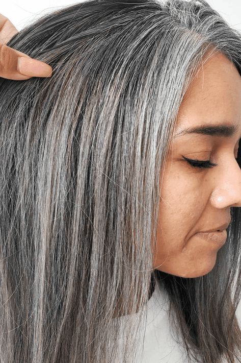 grey blending, dark hairstyles, chic hairstyles Salt And Pepper Hair With Lowlights, Highlights In Gray Hair, Grey Grow Out, Grey Blending For Dark Hair, Heavy Lowlights, Silver Hair Dark Roots, Silver Streaks In Dark Hair, Grey Hair Asian, Blended Grey Hair Highlights