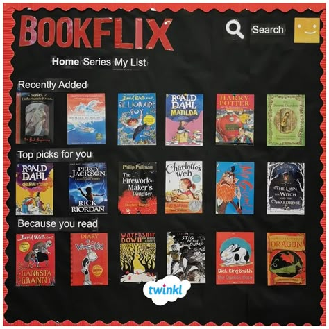 'Bookflix' 📚 This Netflix inspired reading display is a great way to get children excited about a range of different books and encourage them to be more adventurous! Create your own themed book corner with Twinkl's range of display packs, including our popular Book Barista Pack - click to download. #books #reading #readingdisplay #readingcorner #bookflix #netflix #classroomideas #classroominspiration #classroom #backtoschool #teachingideas #teachingresources #teacher #twinkl #twinklresources New Year New Books Library Display, Bookflix Classroom Display, Book Corner Classroom Ks2, Book Classroom Themes, Reading Corner Classroom Ks2, Reading Display Ks2, Bookflix Display, School Library Themes, Book Corner Classroom